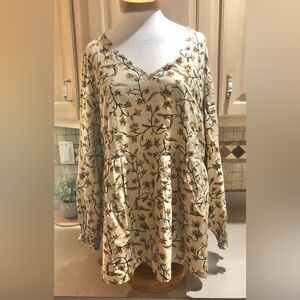 Lane Bryant Floral V-Neck Blouse Tan & Navy Sz. 16